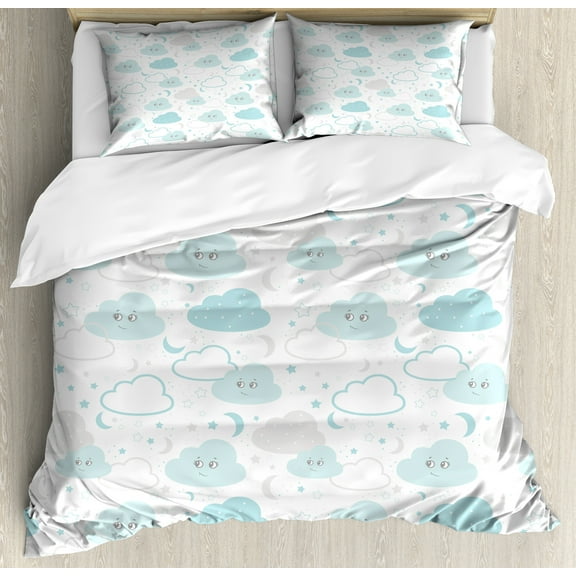 Grey Duvet Cover Set, Nocturnal Ornamental Pattern of Cartoon Smiling Clouds Stars Moons, Decorative 3 Piece Bedding Set with 2 Pillow Shams, Calking Size, White Pearl Pale Blue, by Ambesonne