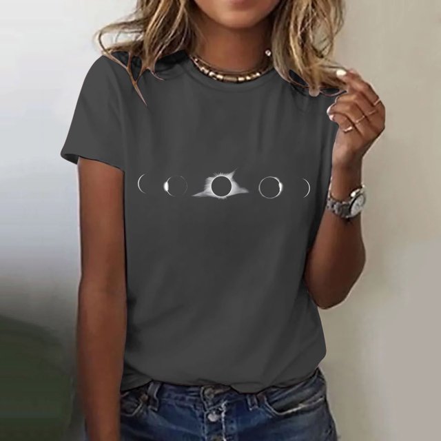 Hauts d'Été pour Femmes, Blouses Décontractées Élégantes 2024, T-Shirts à Imprimé Solaire, Col Rond, Manches Courtes, Gris