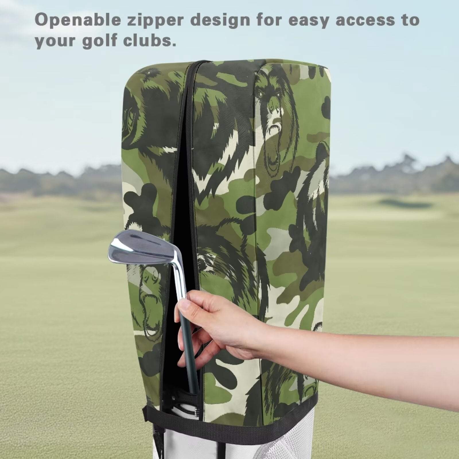 Chririnla Camo Bear Hood Golf Bag Cover Waterproof Rain Cape Dust Protection Cover for Clubs, Fits Most Stand Bags, Cart Bags & Tour Bags