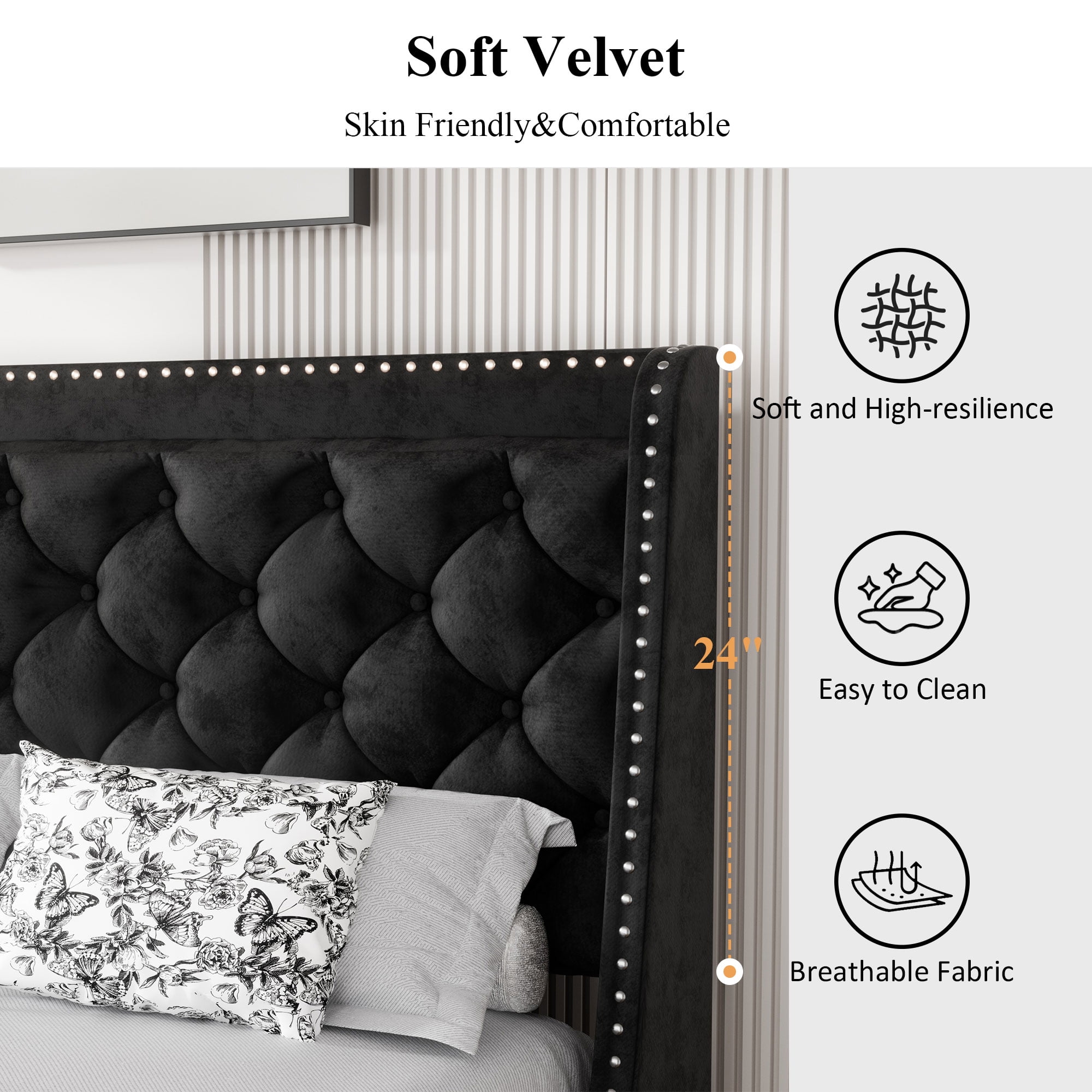 Walsunny Queen Bed Frame with Storage, Upholstered Platform Bed with Diamond Tufted Headboard and Wingbacks, Wooden Slats Support Easy Assembly, Velvet Black