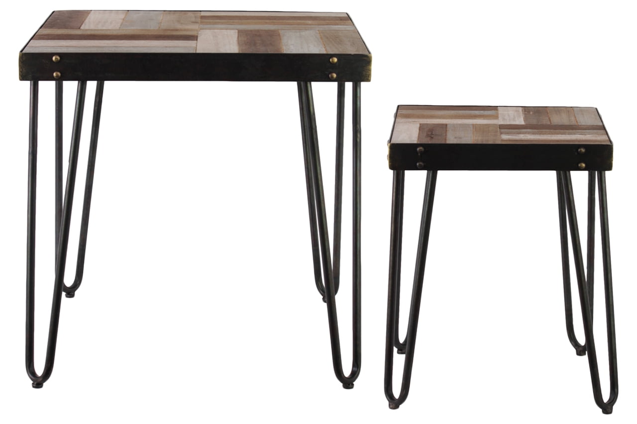Metal Square Accent Table with 4 Hairpin Legs and Wood Parquet Design Top Set of Two Coated