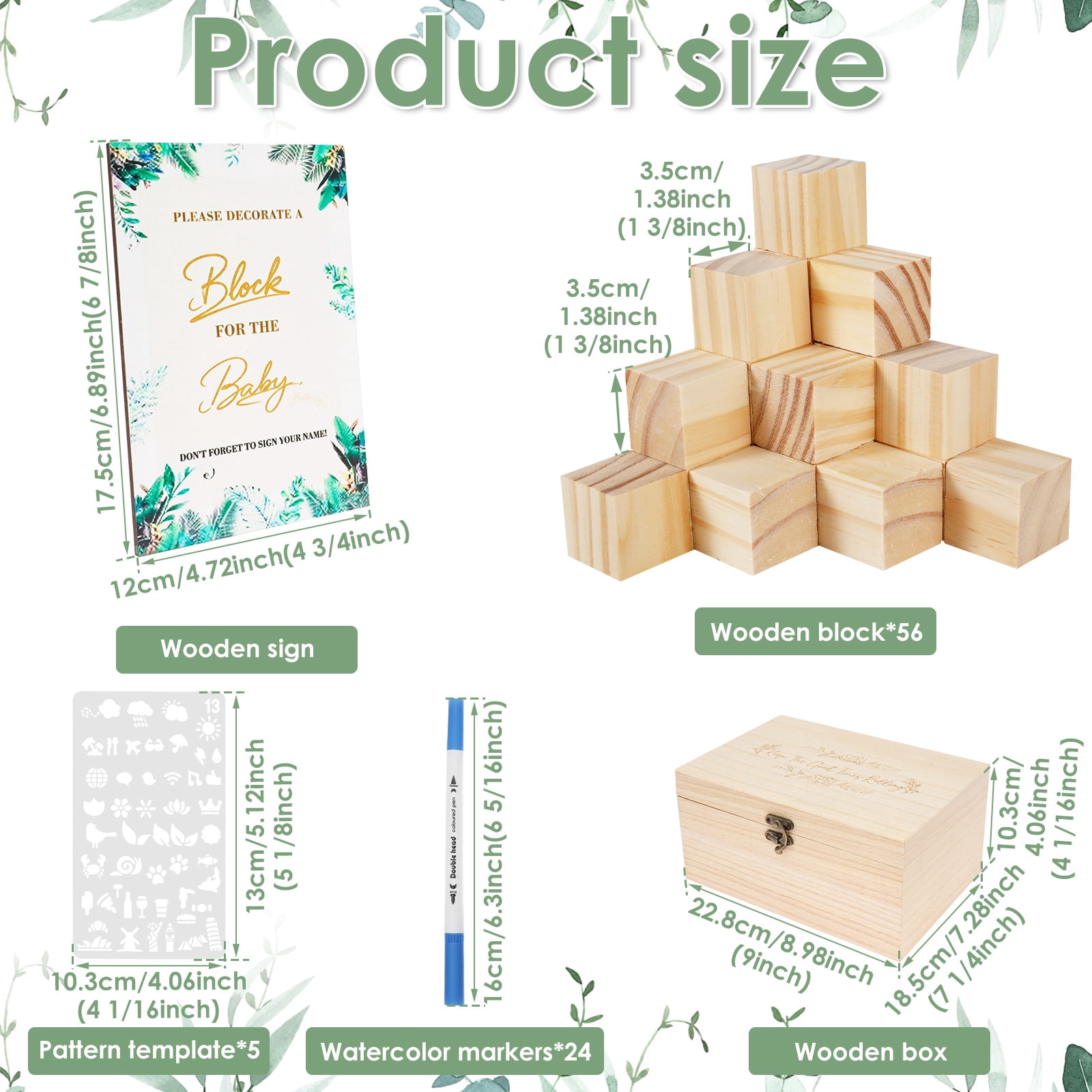 Threns 85Pcs Baby Shower Games Sign Kit, Baby Shower Blocks Game Set with Wooden Box, Acrylic Markers, Wooden Sign for Baby Shower Games, Gender Reveal and Decorations (GreenLeaves)