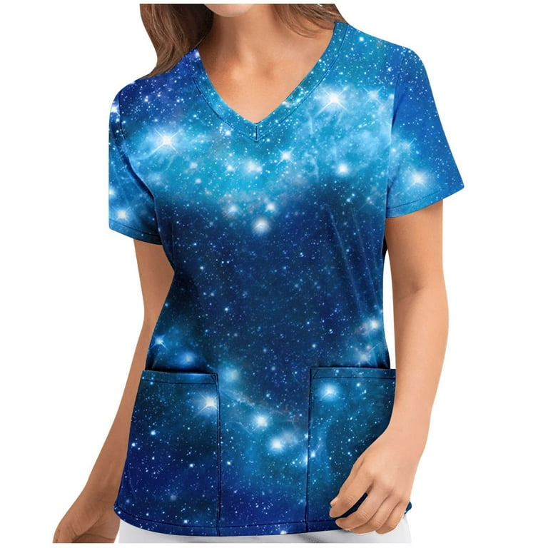 Ernkv Women's Summer Fashion Scrubs with Pocket Clearance Galaxy Print Tops  Short Sleeve Tees V Neck Shirts Nursing Working Uniform Retro Relaxed