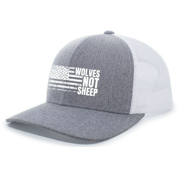 Men's Wolves Not Sheep Patriotic Embroidered American Flag Mesh Back Trucker Hat, Heather Grey/White