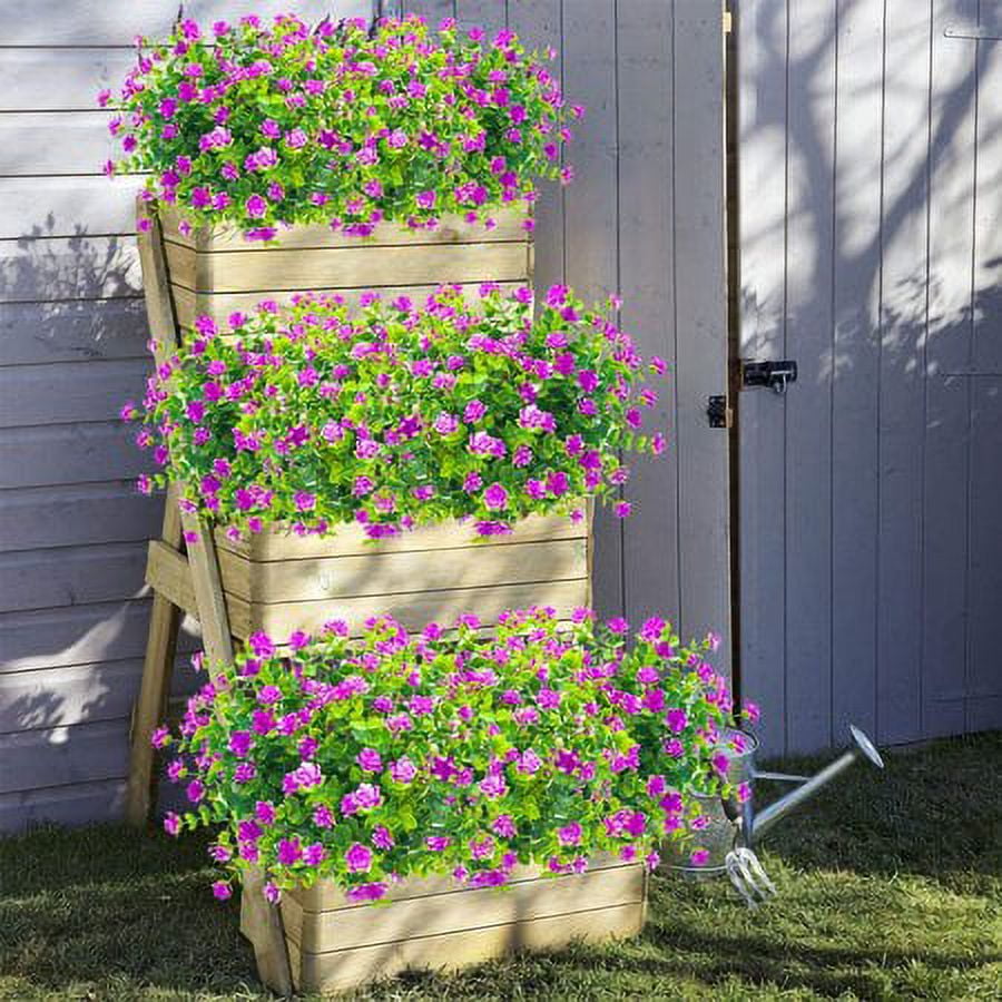 Morttic 12 Bundles Artificial Fake Flowers, Faux Outdoor Plastic Plants UV Resistant Shrubs Outside Indoor Decorations (Purple)