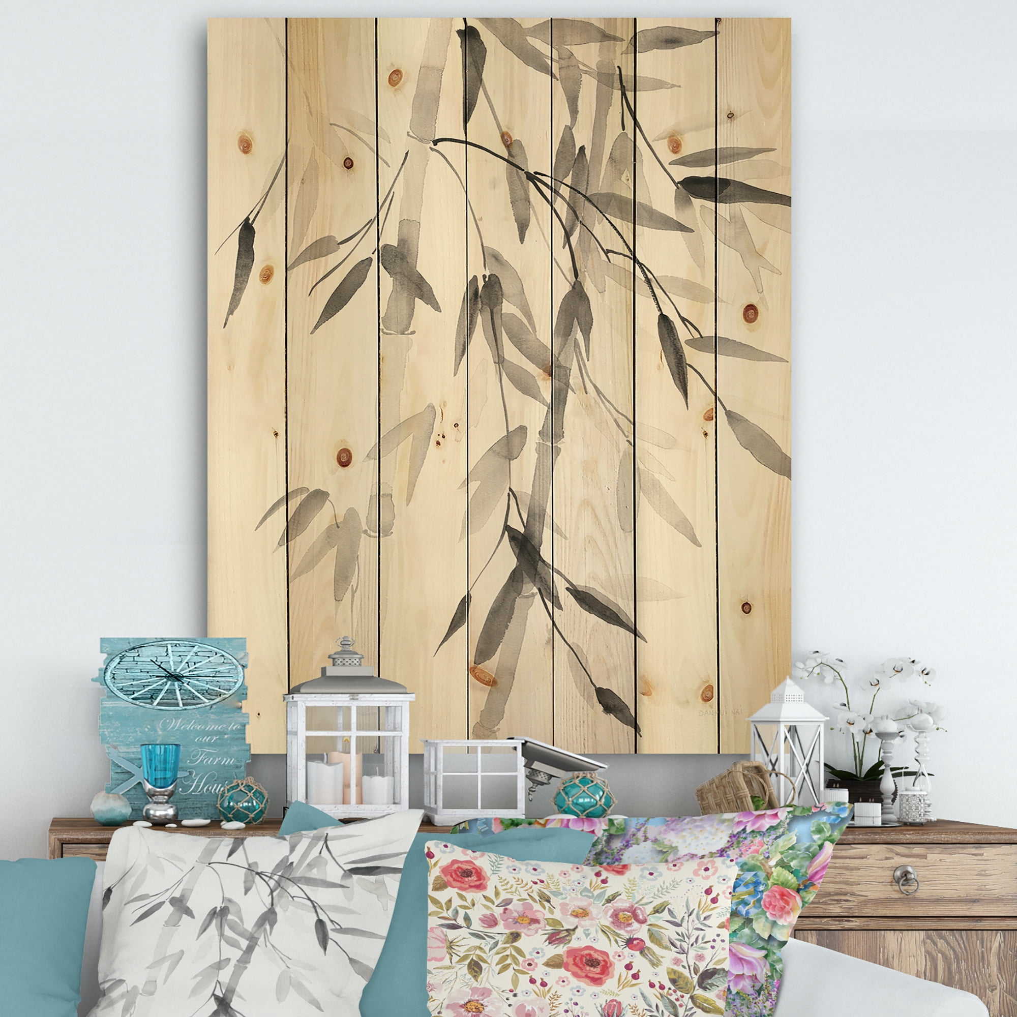 Designart 'Abstract Simplist Bamboo Leaves V' Cabin & Lodge Print on Natural Pine Wood