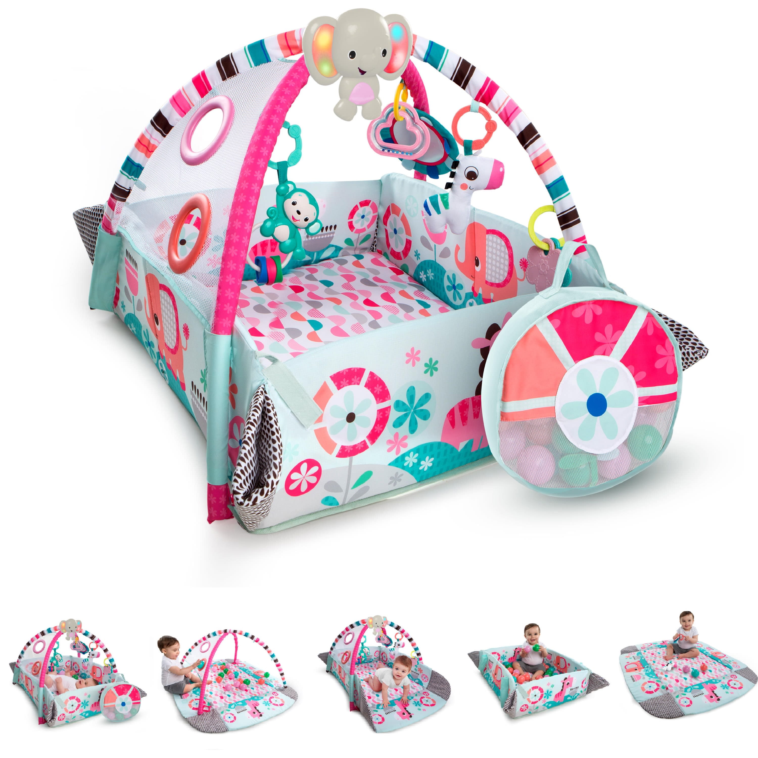 Baby Playmat Gym Pink Elephant Activity Play Mat & Fun Toys & Pillow & Mirror 