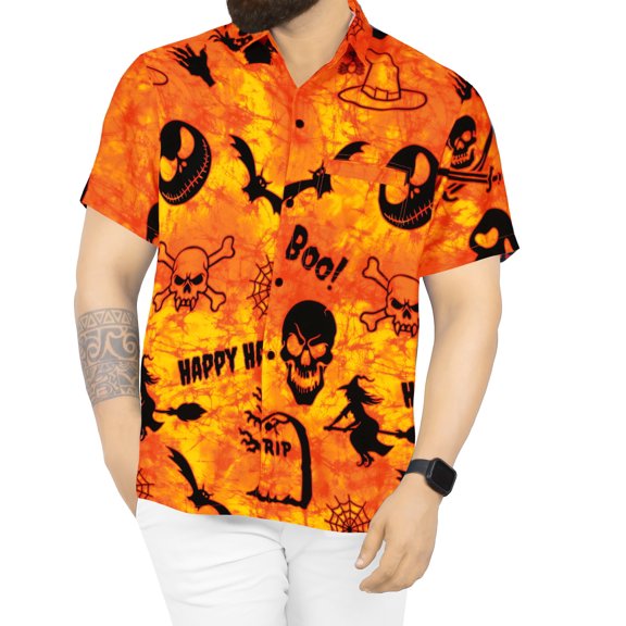 HAPPY BAY Men's Hawaiian Short Sleeve Beach Caribbean Cruise Shirt Vacation Halloween Costumes Button Up Shirts for Men XL Scary Skull Spooky Orange