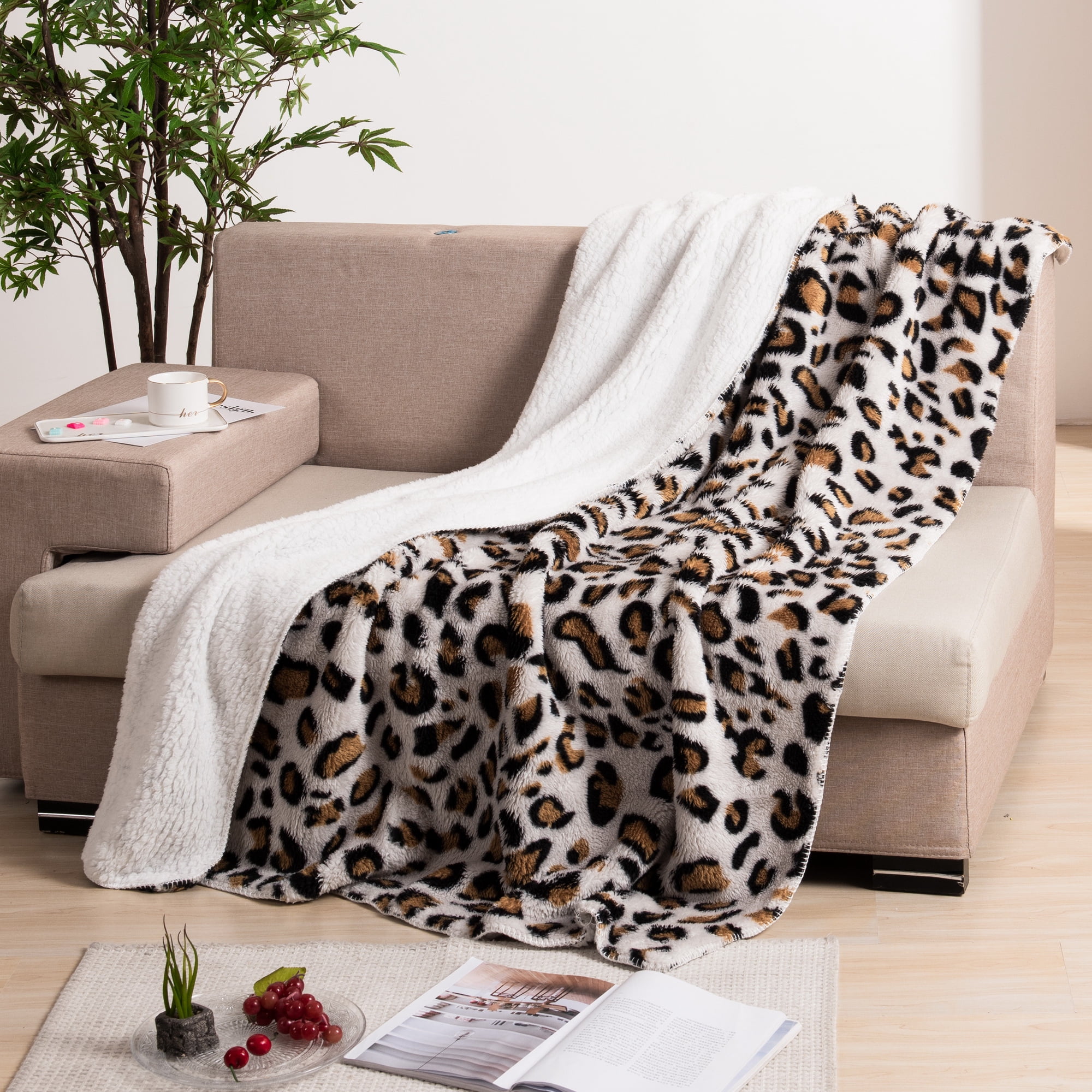 Mainstays Reversible Sherpa Throw Blanket, 50" x 60", Leopard