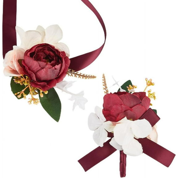 Rose Flower Wrist Corsage Burgundy Silk Cloth Rose with Satin Ribbon Wrist Corsage and Boutonniere Set for Groom Groomsmen Bride Bridesmaids Prom Rustic Vintage Wedding Decor Red