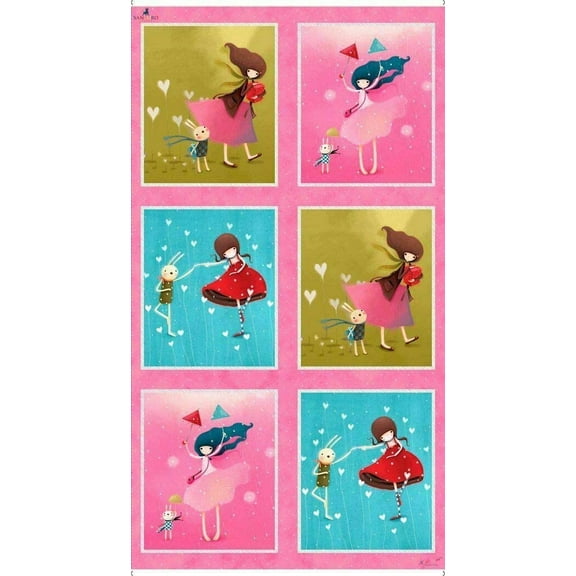 Gift of Friendship Girl & Bunny 100% Cotton Fabric by The Panel 23.5"