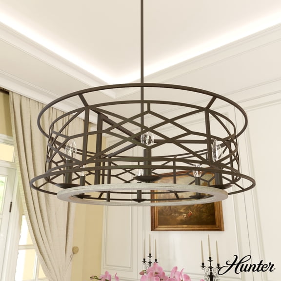 Hunter - Langwood 6-light Onyx Bengal, Large Chandelier, Dimmable, Rustic Style, Drum Shaped, for Bedrooms, Dining, Living Rooms - 19329