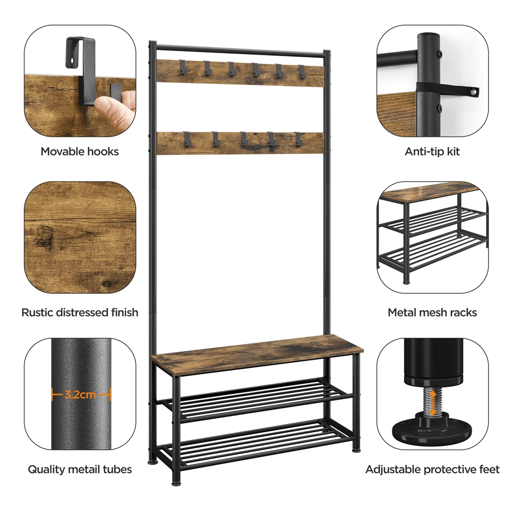 Alden Design 73"H Metal Hall Tree with 2 Layer Shoe Storage, Rustic Brown