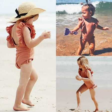 

Leutsin Summer Kids Baby Girl Sleeveless Ruffles Solid Swimwear Swimsuit Romper Jumpsuit