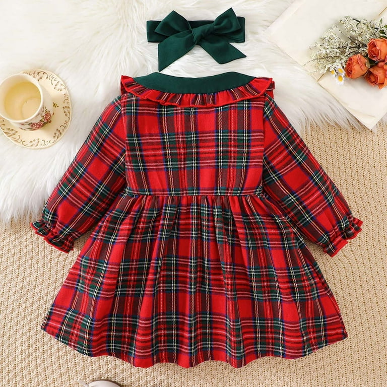 WhouRiu Girl's Dress Christmas Bow Long Sleeve Plaid Dress with Headband  Baby Xmas Party Princess Holiday Dresses Red,Sized 9-12 M - Walmart.com