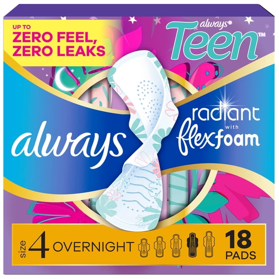 Always Radiant Teen with FlexFoam Pads, Size 4, Overnight, Wings, Unscented, 18 Count