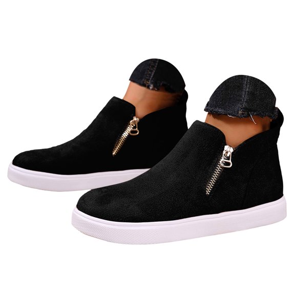 Pandaie Womens Ankle Boots Suede Casual Flat Sneaker Shoes Side Zipper Slip on Round Toe Booties for Fall Winter Daily Wear Walking Office Work Outing Black 8.5