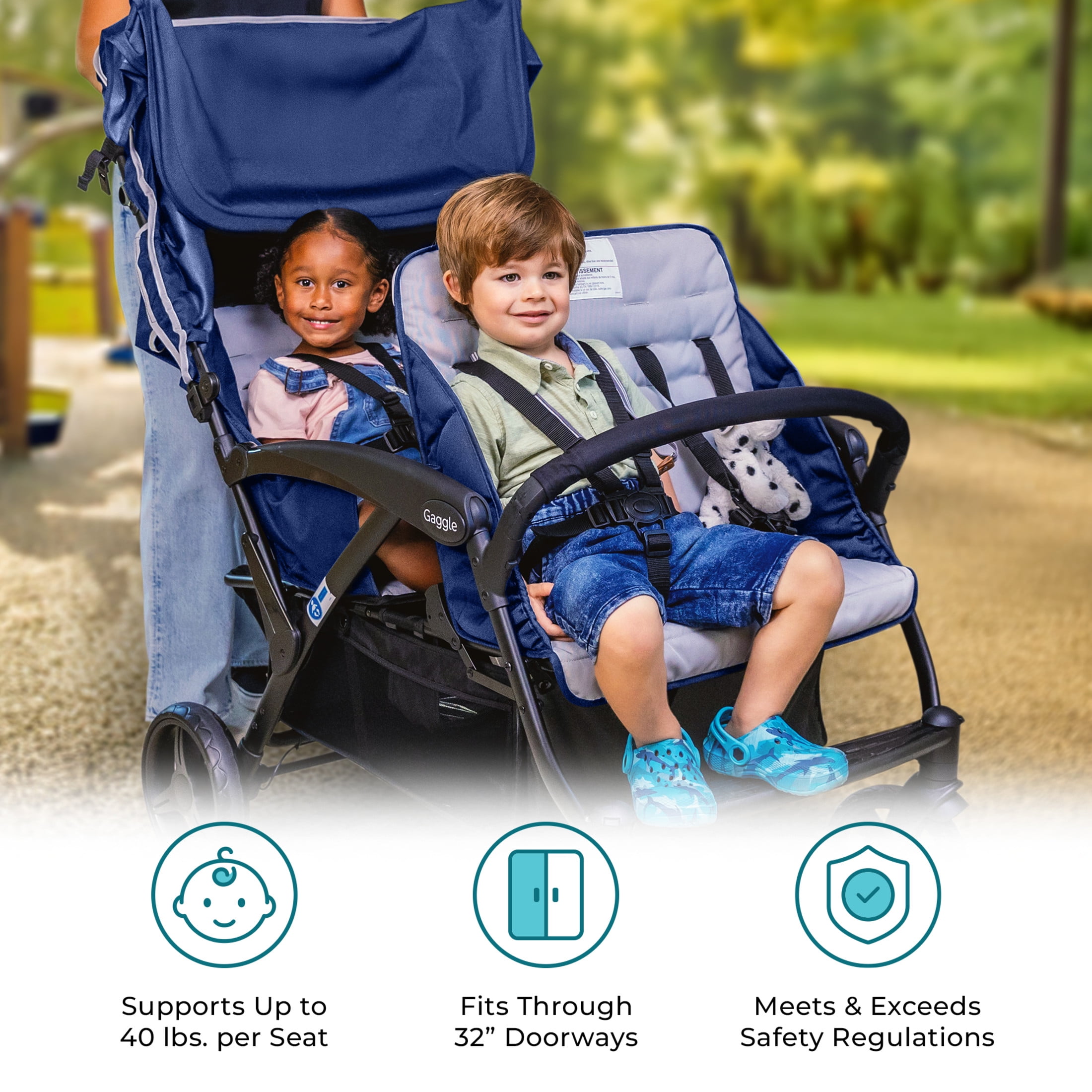 Foundations Gaggle Odyssey 4-Seat Quad Stroller, Reclining Bench Seats with Canopy, Navy/Gray