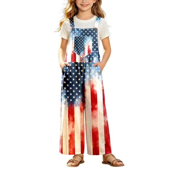 CAIXIA 4Th Of July Outfits For Girls Usa Patriotic Plus Size Vintage Bibs Romper Red White And Blue American Flag Overalls