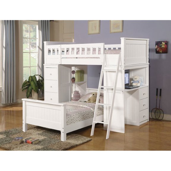 HomeRoots Furniture Loft Bed, White - Wood (Solid), MDF, LVL, P White (286137)