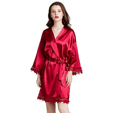 

Womens Imitation Silk Kimono Robe Embroidery Floral Lace Trim Nightgown Solid Color Long Sleeve V-Neck Short Bathrobes