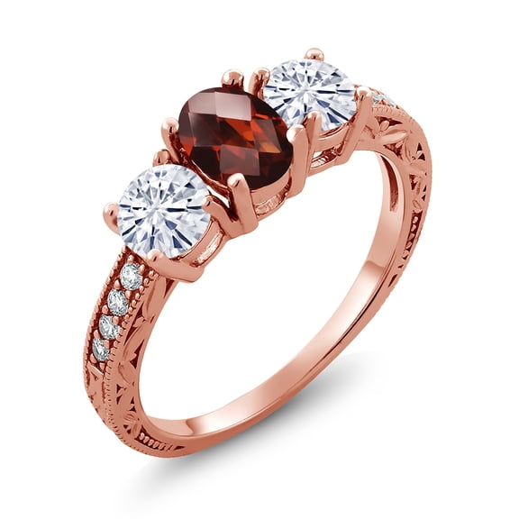 Gem Stone King 18K Rose Gold Plated Silver 3-Stone Ring Checkerboard Garnet Moissanite(2.12 Cttw) (Size 6)