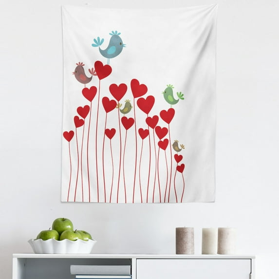 Love Tapestry, Bird Sings Sitting Hearts Twitting Springtime Garden Oriental, Fabric Wall Hanging Decor for Bedroom Living Room Dorm, 5 Sizes, Cadet Blue Mauve, by Ambesonne