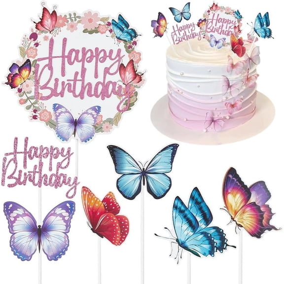 50Pcs Butterfly Cake Decorations Butterfly Cupcake Toppers Butterflies Cake Topper Word Cake Topper Sets Paper Butterfly Cake Toppers for Birthday Wedding Party Cakes Dessert Decoration