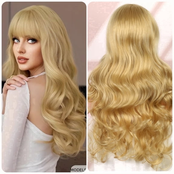 Queentas 24" Long Blonde Wigs for Women Deep Wave Wig Synthetic Honey Blonde Wig Curly Bob Wigs With Bangs for Halloween