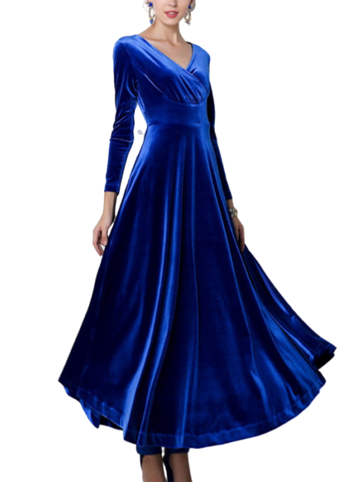 Innerwin A Line Dress Solid Color Women Maxi Dresses Holiday Long Sleeve Loose Blue M
