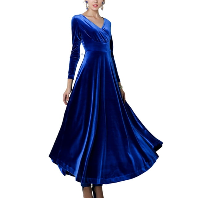 Innerwin A Line Dress Solid Color Women Maxi Dresses Holiday Long Sleeve Loose Blue M
