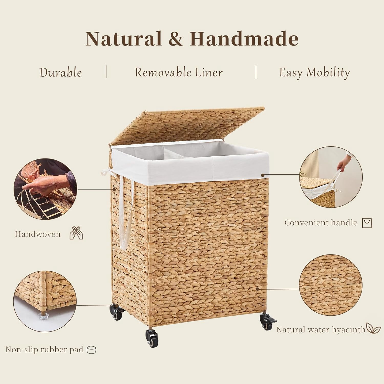 Casa Pura Furniture 2-Section Laundry Hamper with Lid, Water Hyacinth Woven Laundry Sorter with Removable Liners, Rolling or Non-Slip Design