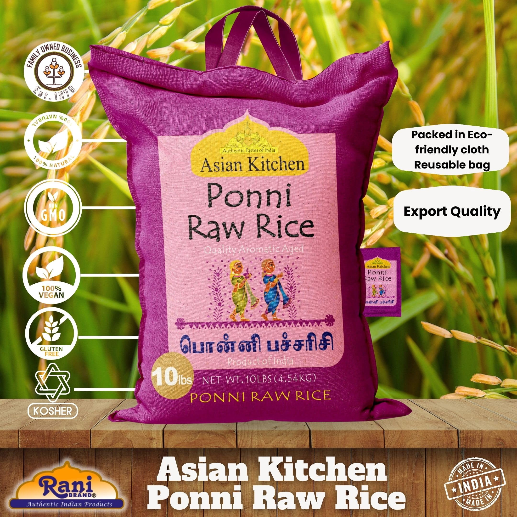 Asian Kitchen Ponni Raw Rice 10-Pound Bag, 10lbs (4.54kg) Short Grain Rice ~ All Natural | Gluten Friendly | Vegan | Indian Origin | Export Quality