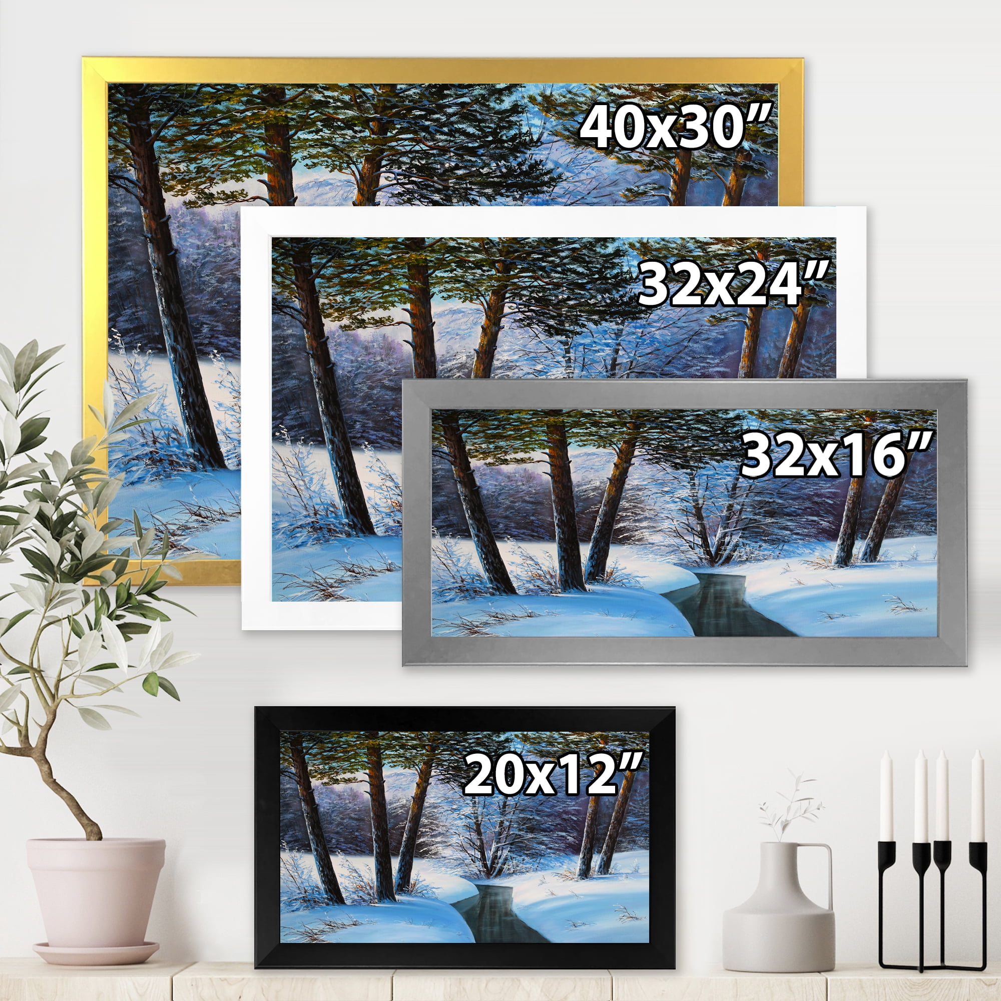 Designart 'Christmas Forest With Trees and River III' Traditional Framed Art Print