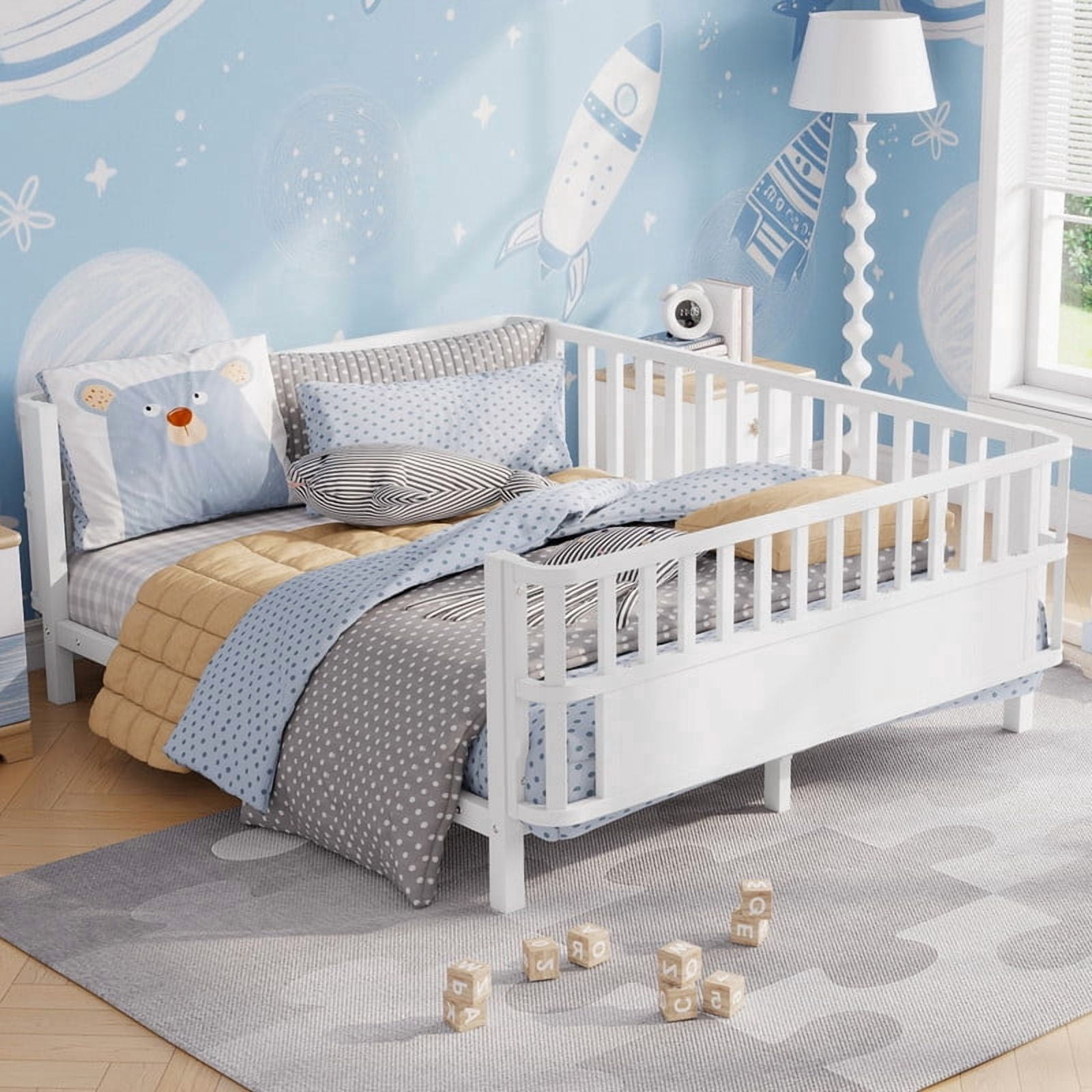 Mirightone Full Montessori Floor Bed, Metal Platform Bed Frame with Safety Guardrails, Low to Ground Bed for Bedroom Nursery, No Box Spring Needed, White