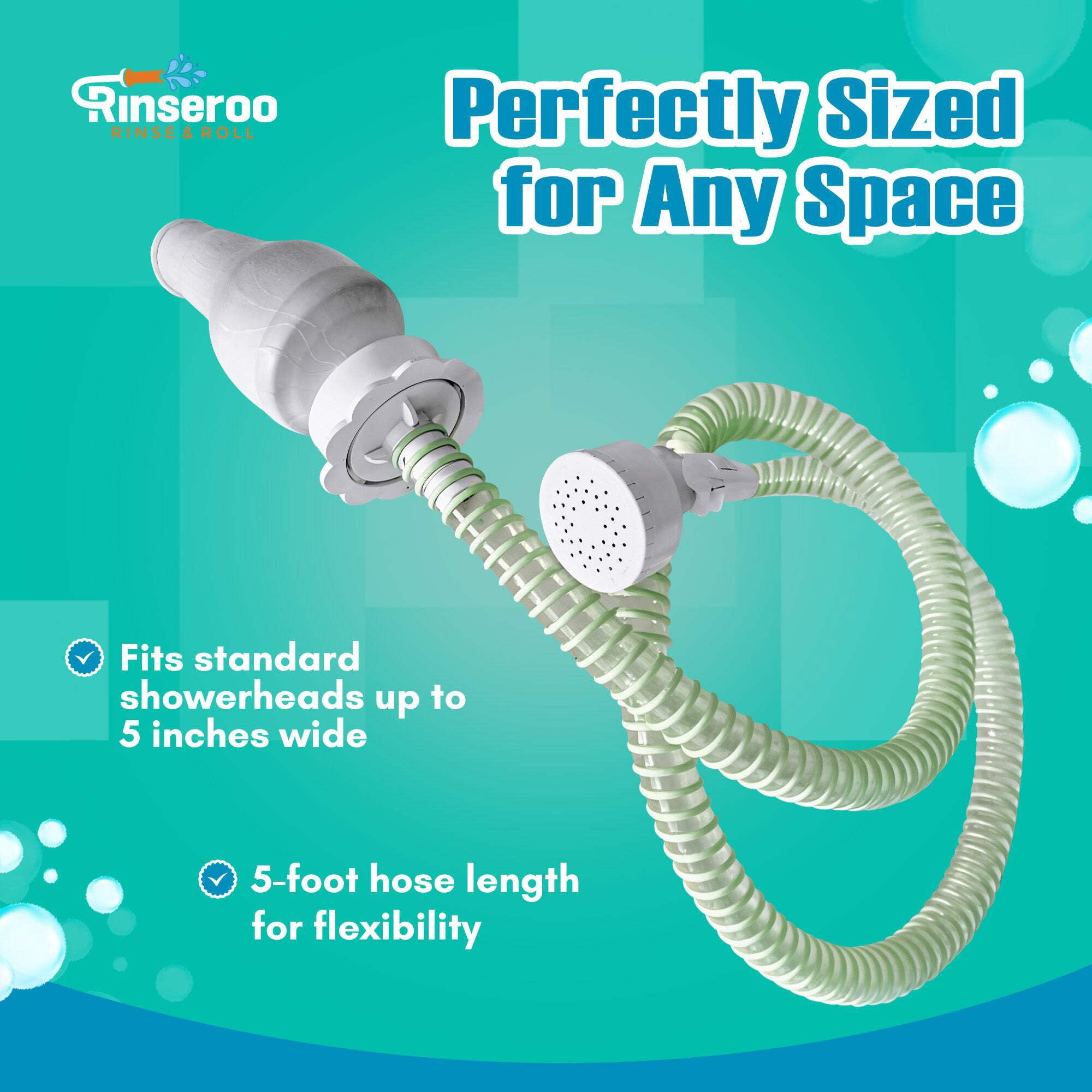 NEW Rinseroo: Slip-On Handheld Shower Attachment Hose w/Spray Head- Removable Extension Arm- Converts Fixed Shower Head into Handheld Bather. Portable, No-Install Shower Hose Wand for Seniors, RV.