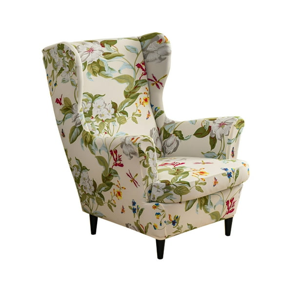 LAMIRO Floral Printed Wing Chair Cover Spandex Sofa Armchair Covers Nordic Wingback Chairs Slipcovers with Seat Cushion Slipcover