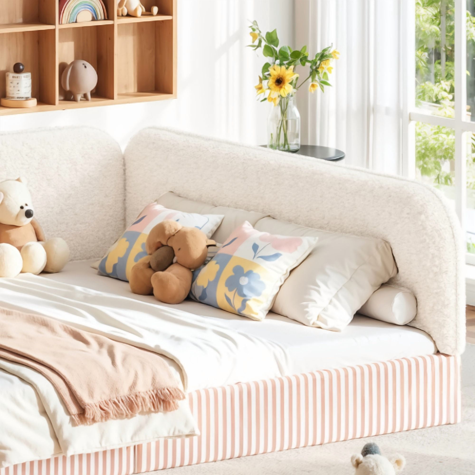Queen Size Upholstered Teddy Fleece Floor Bed Frame, Half-Enclosed Montessori Low Profile Platform Bed with Full-Perimeter Guardrails for Kids, Beige