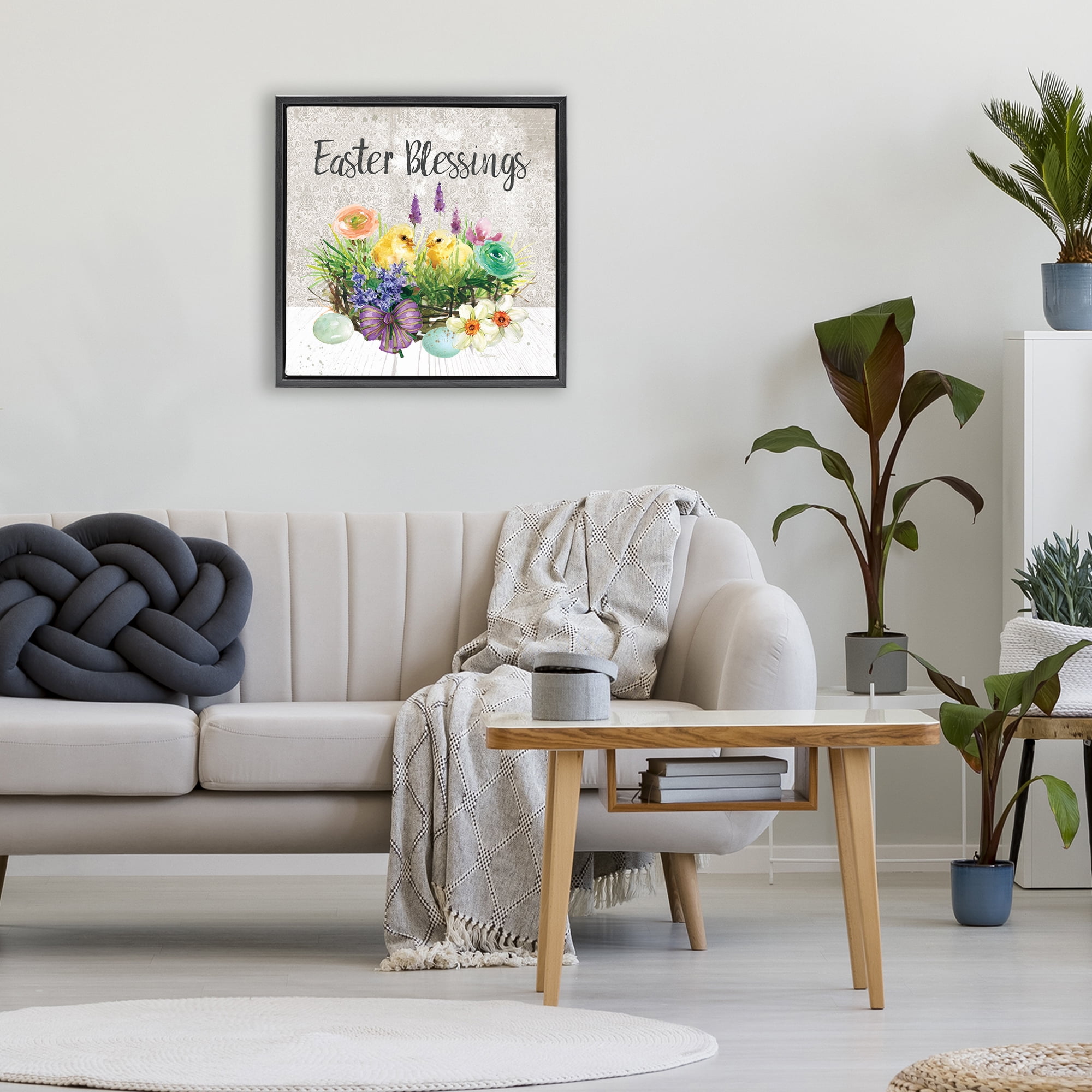 Stupell Industries Easter Blessings Basket of Flowers Black Framed Floater Canvas Wall Art, design by Carol Robinson
