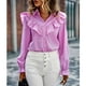 thumbnail image 2 of Camisa de mujer con botones de una sola fila, cuello vuelto, manga larga acampanada, blusa de rayas empalmada con volantes, 2 of 7