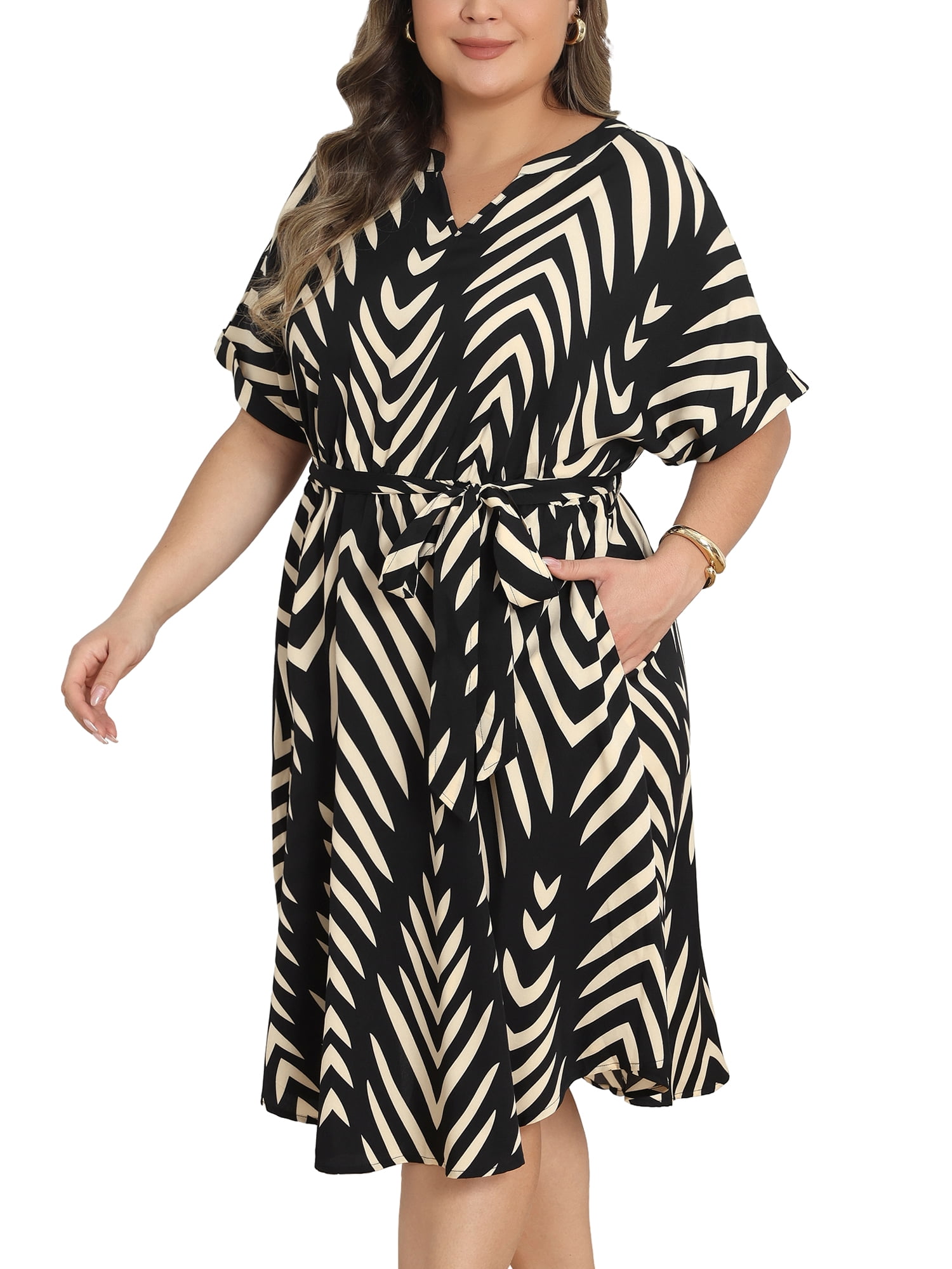 DARING DIVA Women's Plus Dress 2026 Chevron V Neck Beach Dress 2X Black