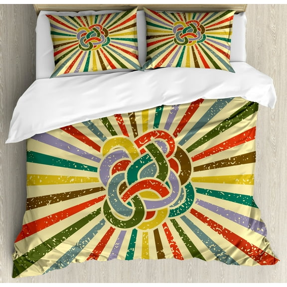 Vintage Rainbow King Size Duvet Cover Set, Sixties Style Tangled Doodle Stripes Colorful Burst of Lines Background, Decorative 3 Piece Bedding Set with 2 Pillow Shams, Multicolor, by Ambesonne