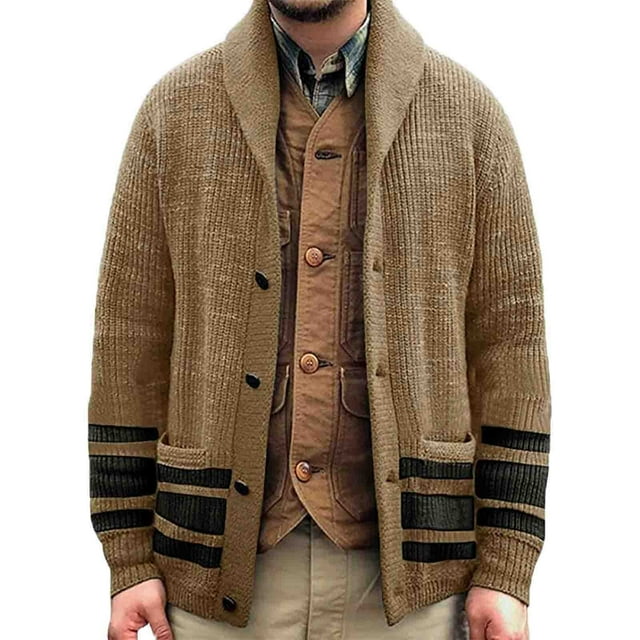 Gibobby Suéteres para hombre Cárdigan de punto trenzado para hombre, cuello de chal, ajuste holgado, manga larga, casual, cárdigan(Caqui,XG)
