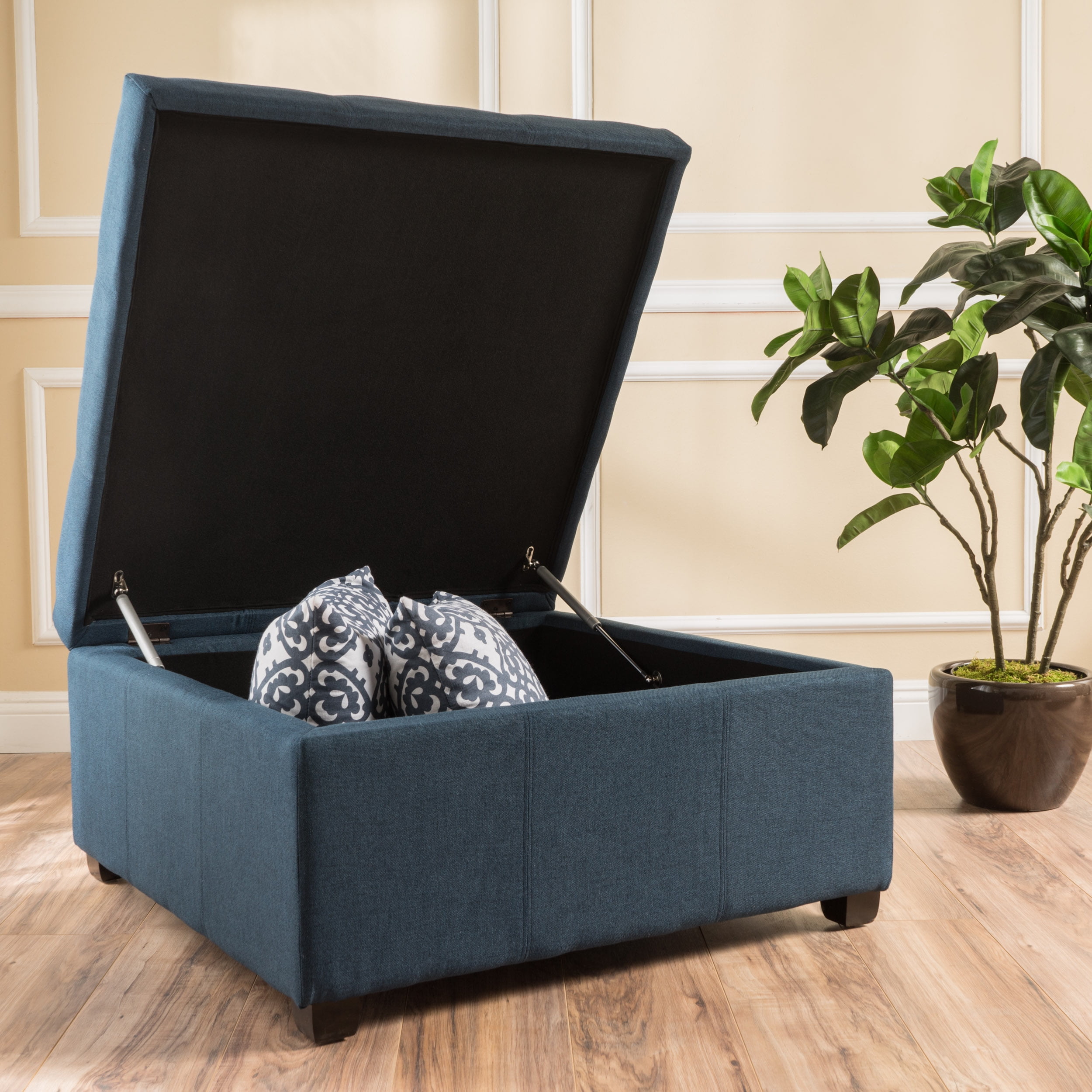 Noble House Chloe Fabric Storage Ottoman Dark Blue