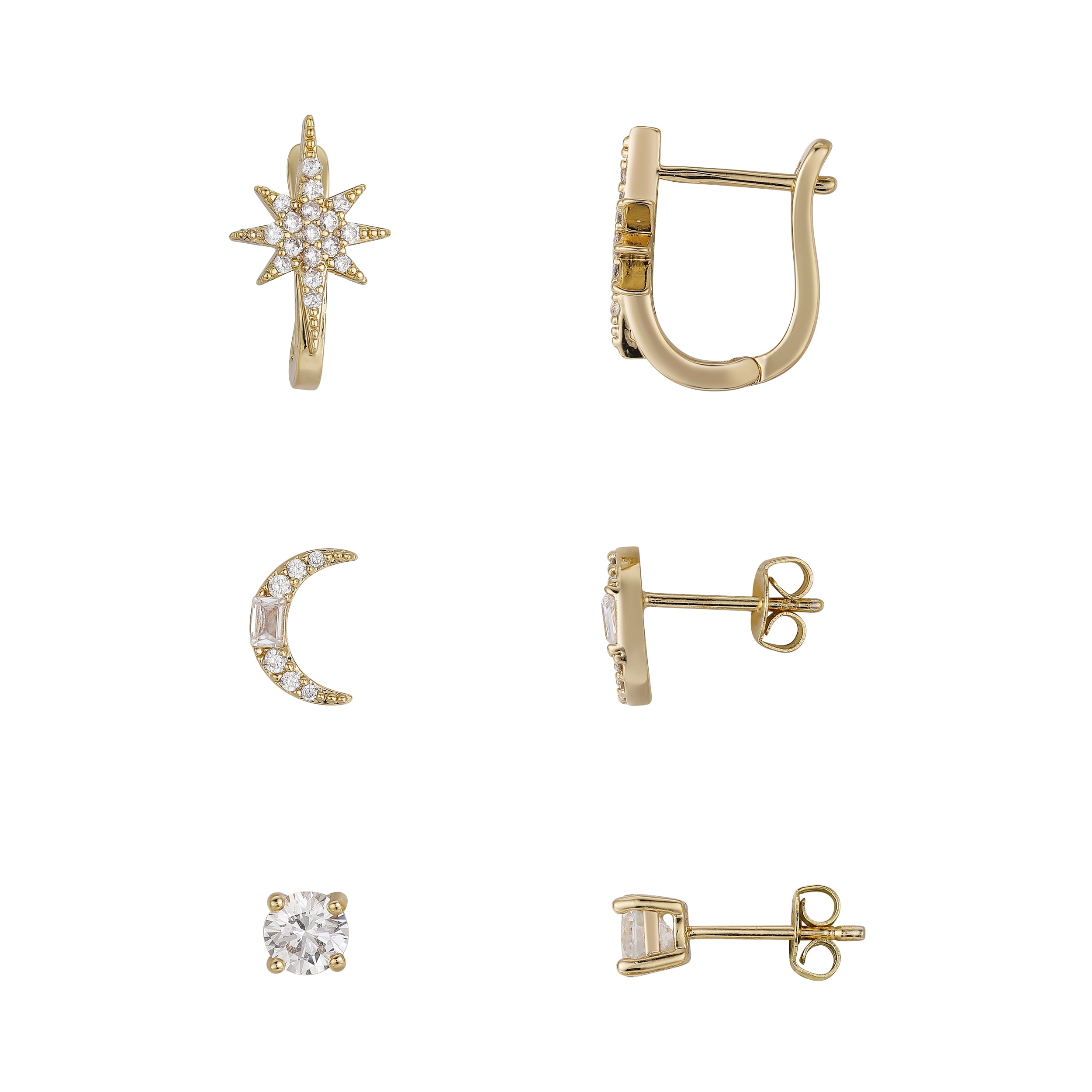 14K Gold Flash-Plated Cubic Zirconia Celestial 3-Piece Earring Set