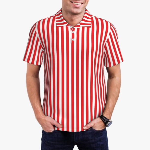 Fotbe Red And White Stripes Camiseta Polo de Golf para Hombre con Estampado – Camisa Deportiva Transpirable con Cuello Abotonado-Small