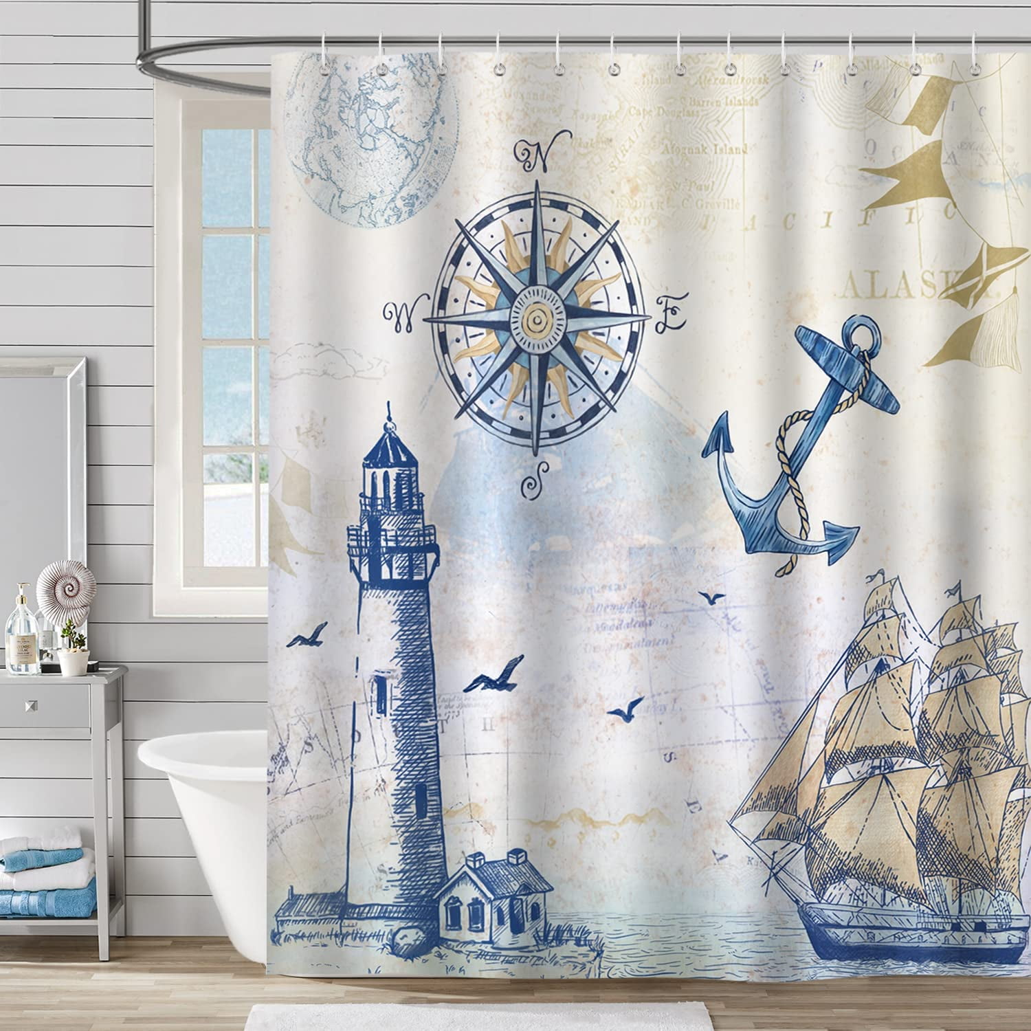 Black White Nautical Anchor Shower Curtain Set Bathroom Mat Waterproof Polyester 