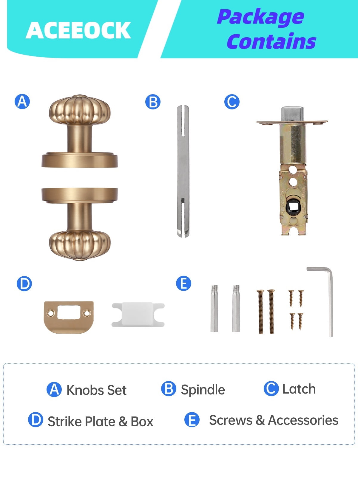 ACEEOCK Champagne Bronze Passage Door Knob, Interior Kitchen Pantry Door Handle Hallway Closet Doorknob, Aluminium Alloy Knob