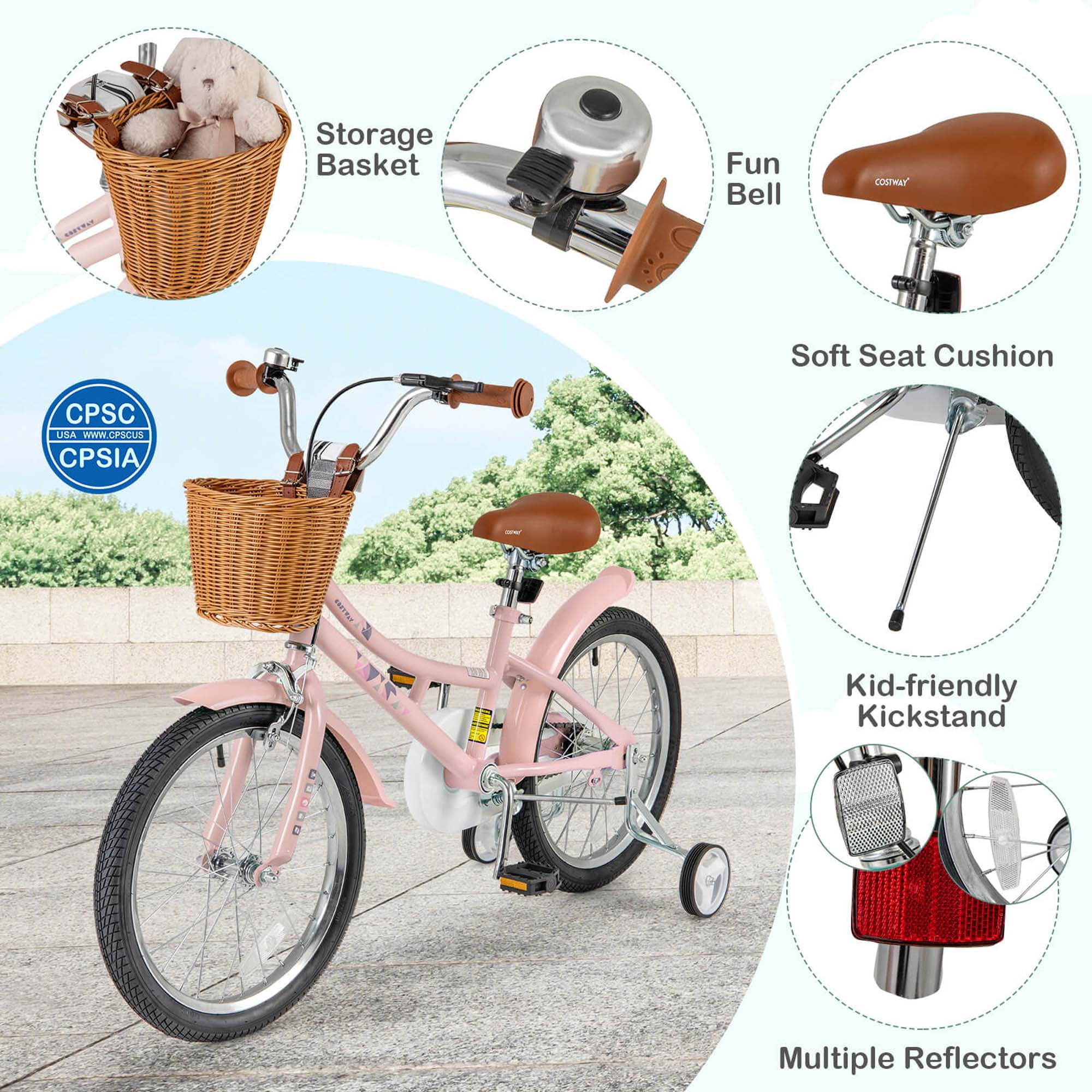 Costway 18 Kids Bike with Height Adjustable Handlebar Seat Basket Bell Training Wheels Pink Walmart