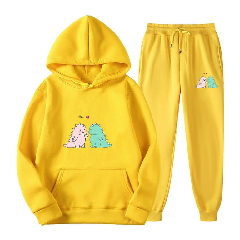 RQYYD Reduced Cute Dinosaur Graphic Hoodies and Sweatpants Set Men Women  Teen Girls Casual Sport Outfits Drawstring Jogger Tracksuits Top Yellow 3XL  